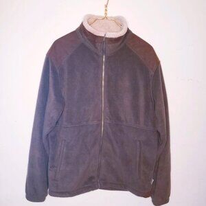 Tag Safari Green Brown Fleece Jacket Faux Leather Shoulders Men's Medium